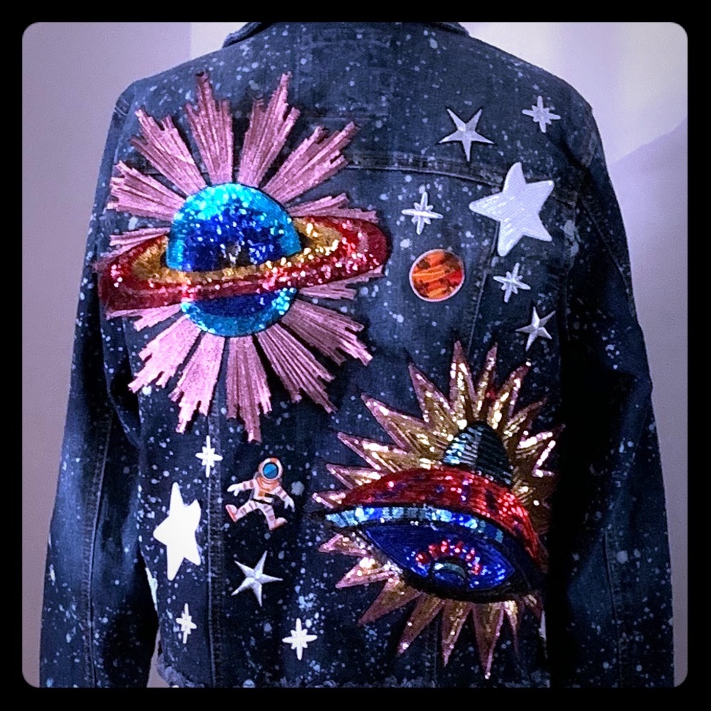 Handmade Custom One of a Kind Space Planet Star Alien Denim Jean Jacket